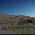 Modern Train Station Exterior With Geometric Design Large Glass Windows And Front Lawn Trees